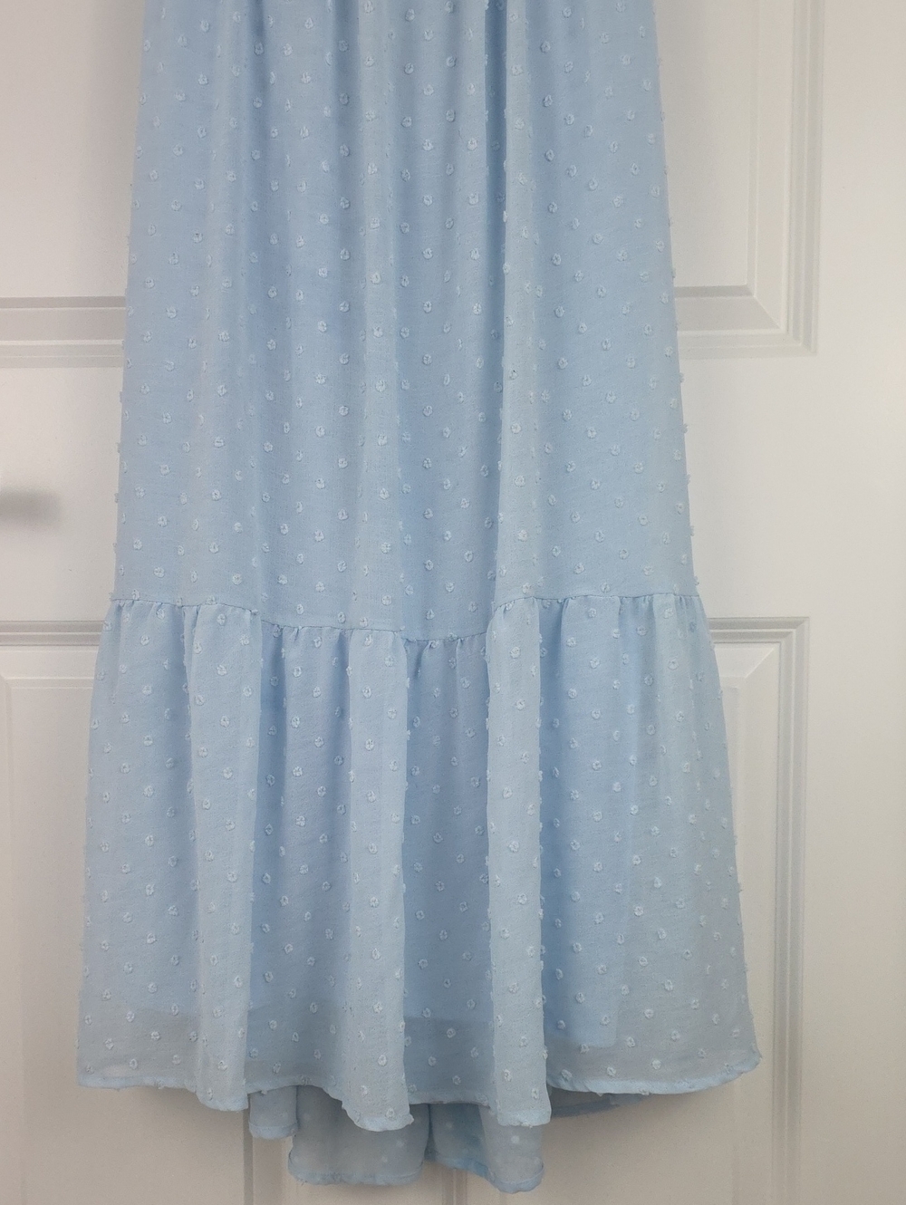Trixxi Baby doll Powder Blue Swiss Dot Ruffle Open Back Midi Dress. Size Large. - Picture 3 of 10